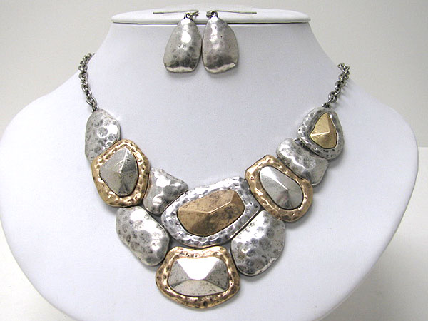 Hammered and textured metal piece link necklace earring set