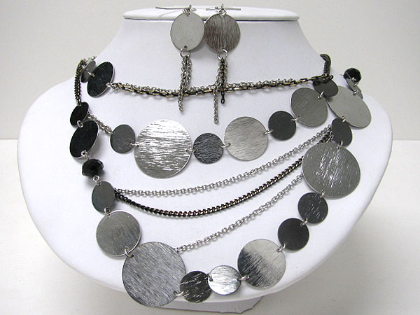 Multi metal disk and chain link necklace earring set