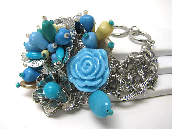 Multi material flower deco chain bracelet - chunky style