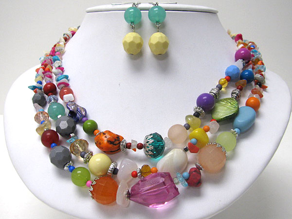 Genuine stone and shell bead link 3 line necklace earring set