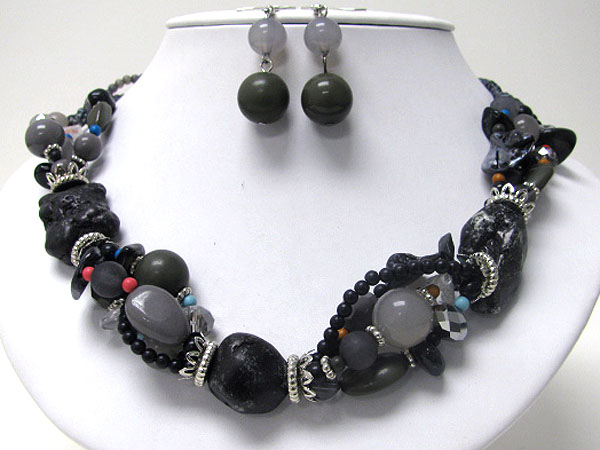 Genuine stone and multi material bead link necklace earring set