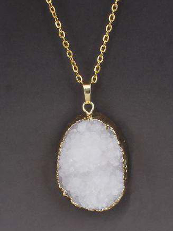 Gold wrap semi precious druzy stone pendant necklace - large oval