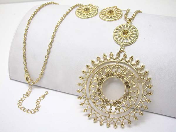 Crystal large round filigree metal medal long necklace earring set 