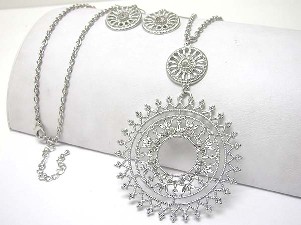 Crystal large round filigree metal medal long necklace earring set