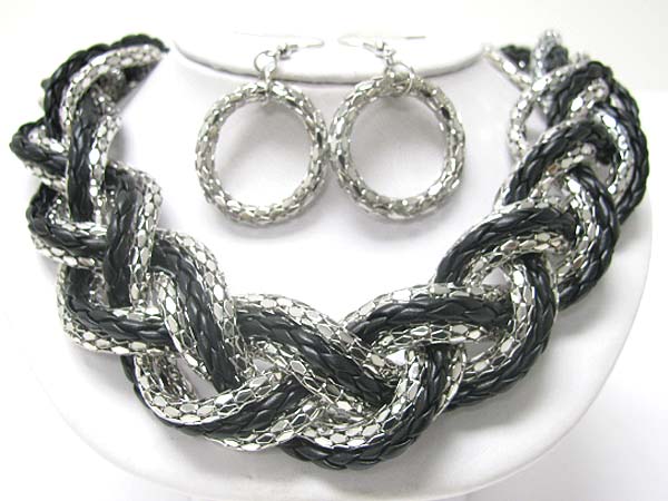 Braided metal tube chain link necklace earring set