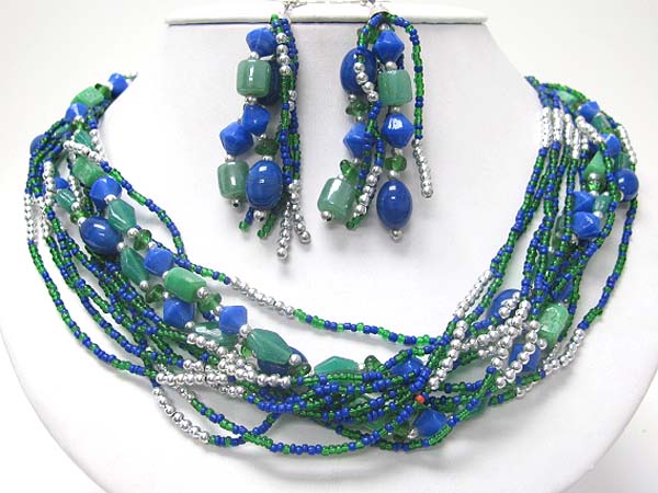 Multi stand mixed glass and seed beads necklace earring set