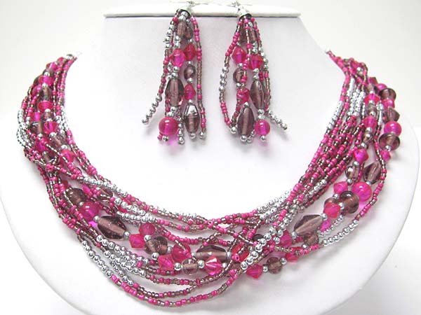 Multi stand mixed glass and seed beads necklace earring set