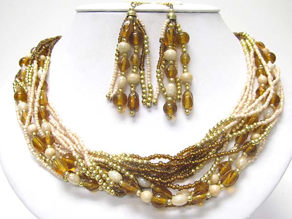 Multi stand mixed glass and seed beads necklace earring set