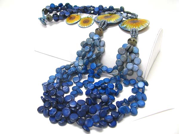 Dyed small shell disk and flower engraved disk link long necklace earring set