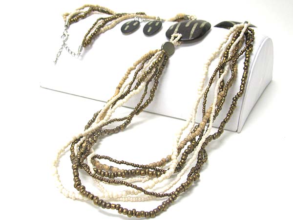 Resin and metallic seed beads long necklace earring set