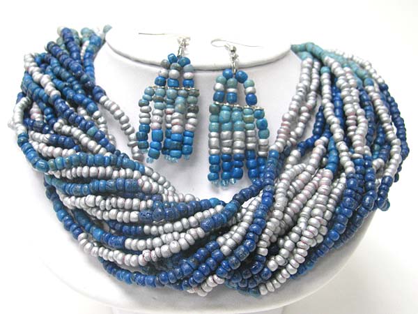 Braided multi seed beads tonal necklace earring set