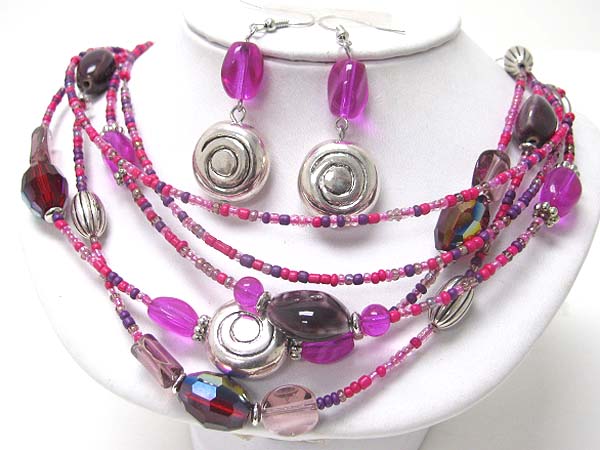 Seed beads and glass beads multi row necklace earring set