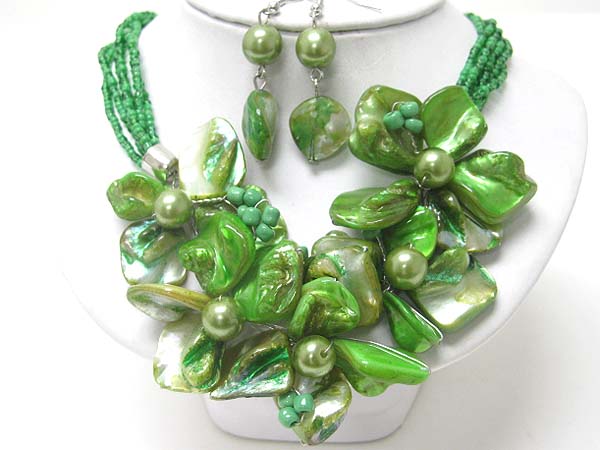 Sea shell multi flower and seed beads necklace earring set