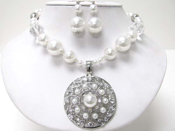 Beads deco metal filigree round pendant and beads necklace earring set