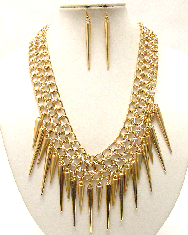 Three conetted chain and yarn drop multi spike dangle necklace earring set