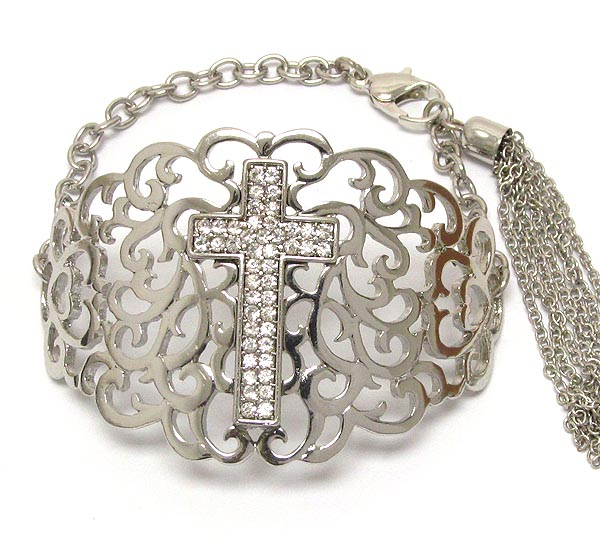 Crystal cross and curved metal filigree bracelet