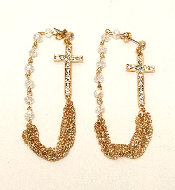 Crystal cross and bead chain post back earring