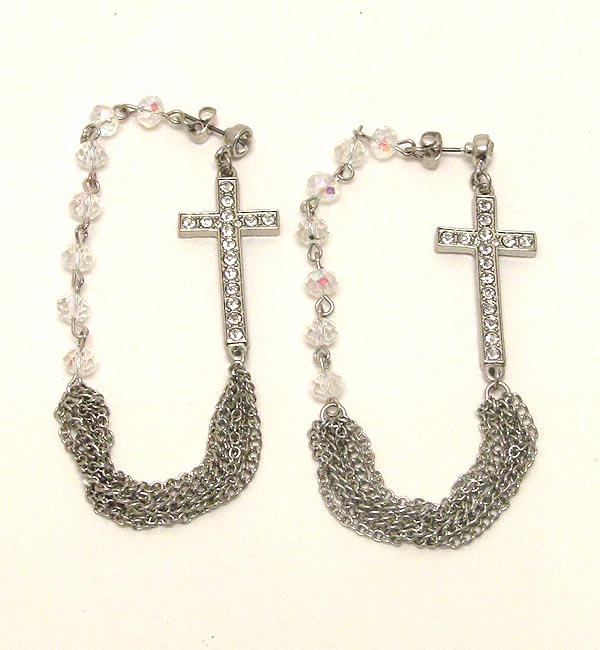 Crystal cross and bead chain post back earring