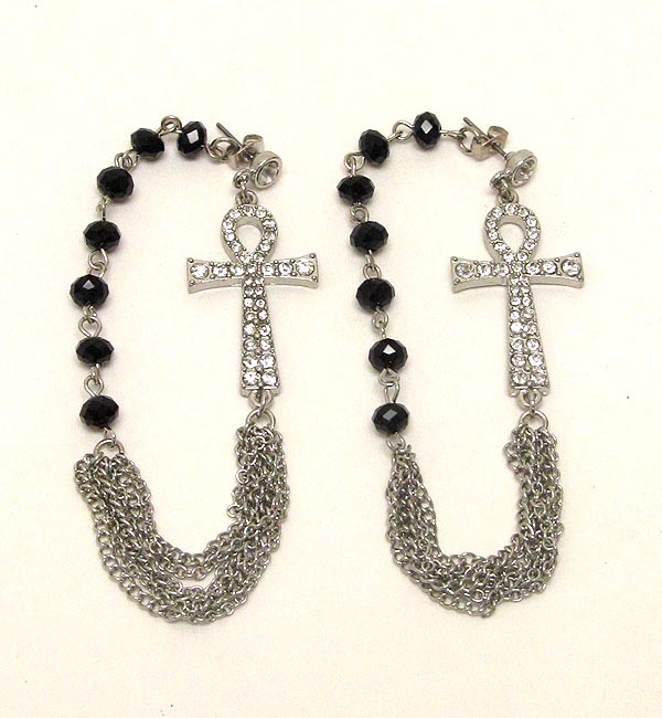 Crystal cross and bead chain post back earring