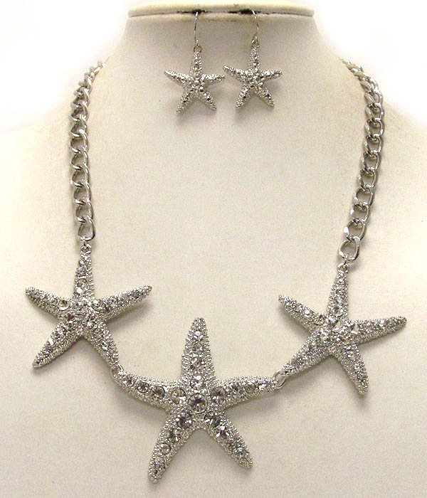 Crystal deco 3 star fish link necklace earring set