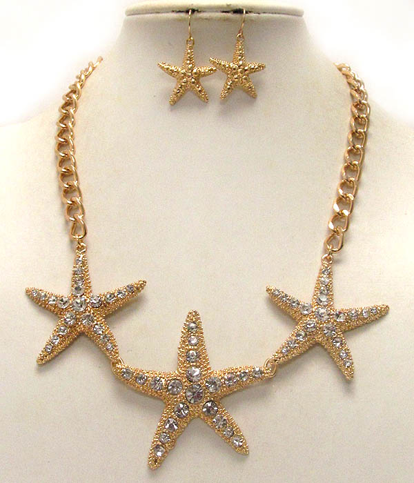 Crystal deco 3 star fish link necklace earring set