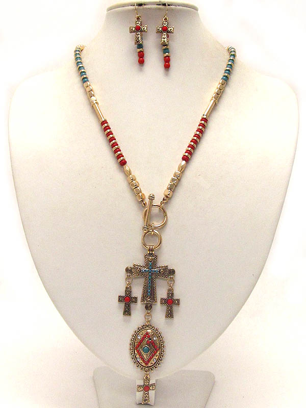 Multi color seed bead and three cross drop antique style long necklace earring set