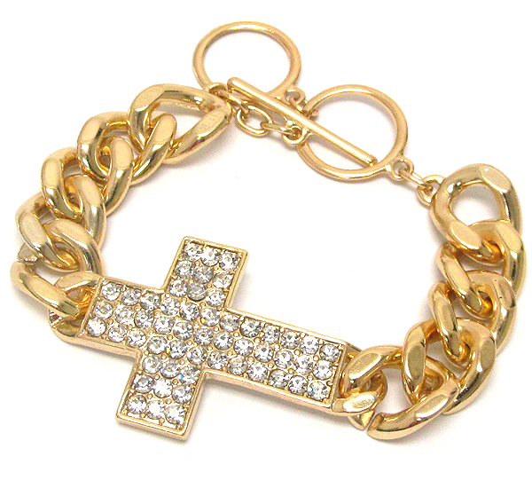 Crystal cross and thick metal chain bracelet