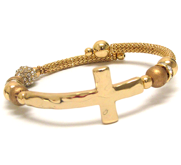 Hammered and curved cross and crystal ball deco stretch bracelet