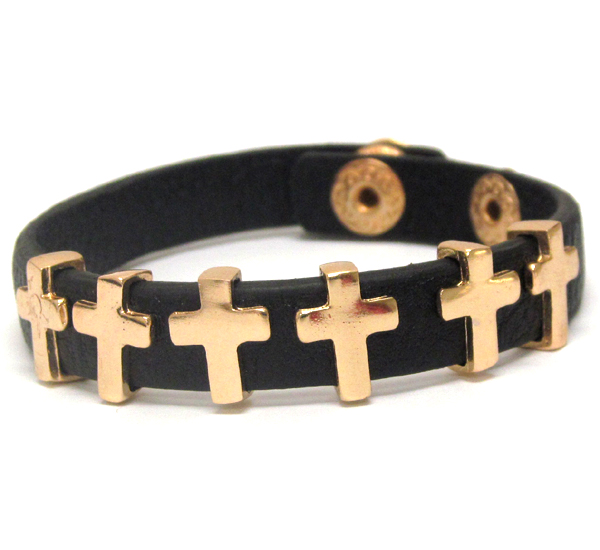 Multi metal cross deco and leatherette band bracelet