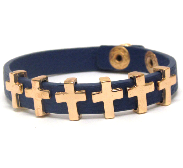 Multi metal cross deco and leatherette band bracelet