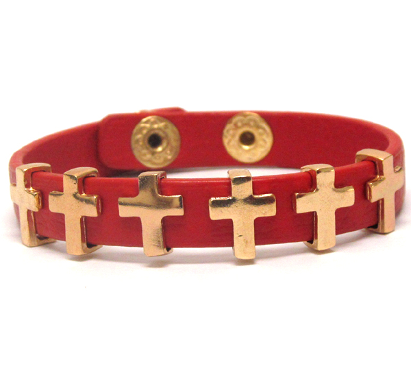 Multi metal cross deco and leatherette band bracelet