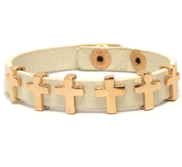 Multi metal cross deco and leatherette band bracelet