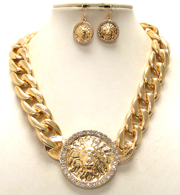 Crystal deco lion head and thick chain rhihana style necklace earring set