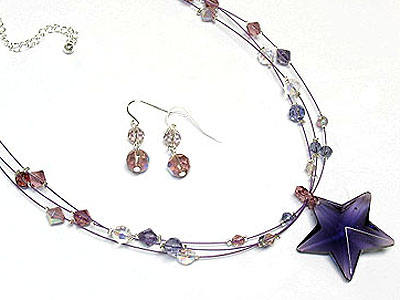 Glass star pendant and beads necklace and earring set