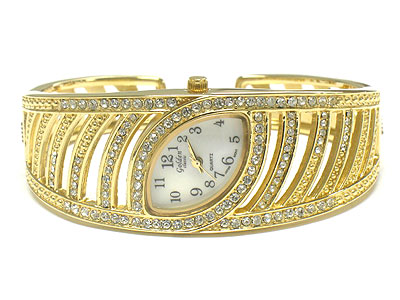 Boutique style crystal leaf face bangle watch