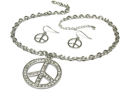 Crystal side deco peace pendant necklace and earring set