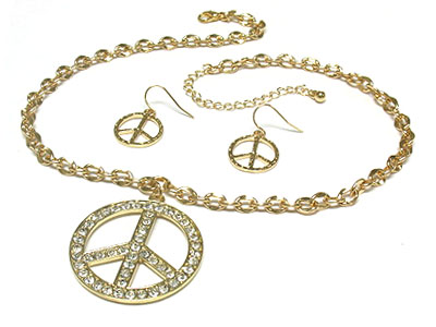 Crystal side deco peace pendant necklace and earring set