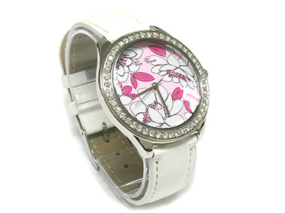 Crystal surround flower painted face and leather band watch