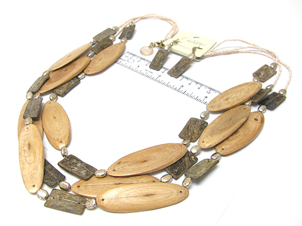 Multi wooden oval and square seed beads chain necklace earring set