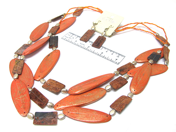 Multi wooden oval and square seed beads chain necklace earring set