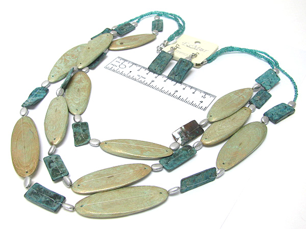 Multi wooden oval and square seed beads chain necklace earring set