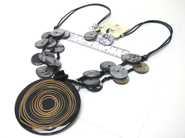 Round large wooden spiral seed beads and multi shell disk drop long fabric necklace earring set