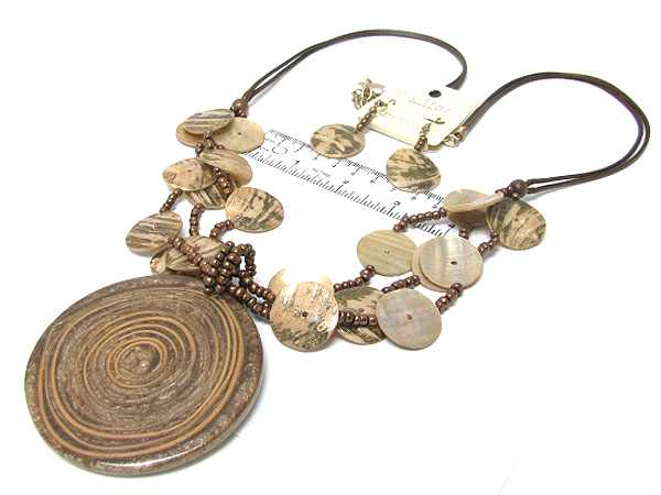 Round large wooden spiral seed beads and multi shell disk drop long fabric necklace earring set