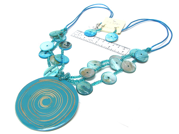 Round large wooden spiral seed beads and multi shell disk drop long fabric necklace earring set