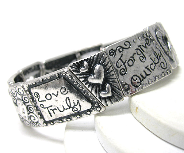 Metal square forgive quickly and heart theme stretch bracelet