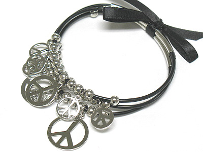 Multi peace mark dangle ribbon tied cord bracelet