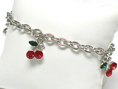 Whitegold palting multi crystal cherry charm toggle bracelet