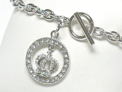 Whitegold palting crystal round and crown charm toggle bracelet