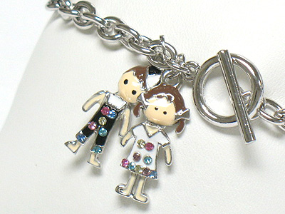 Whitegold palting crystal and enamel boy and girl charm toggle bracelet