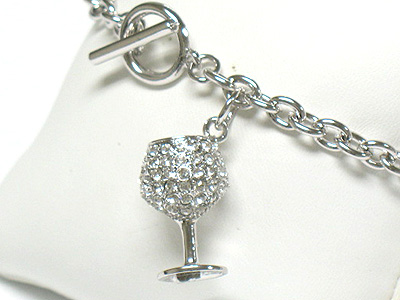 Whitegold palting crystal wine glass charm toggle bracelet